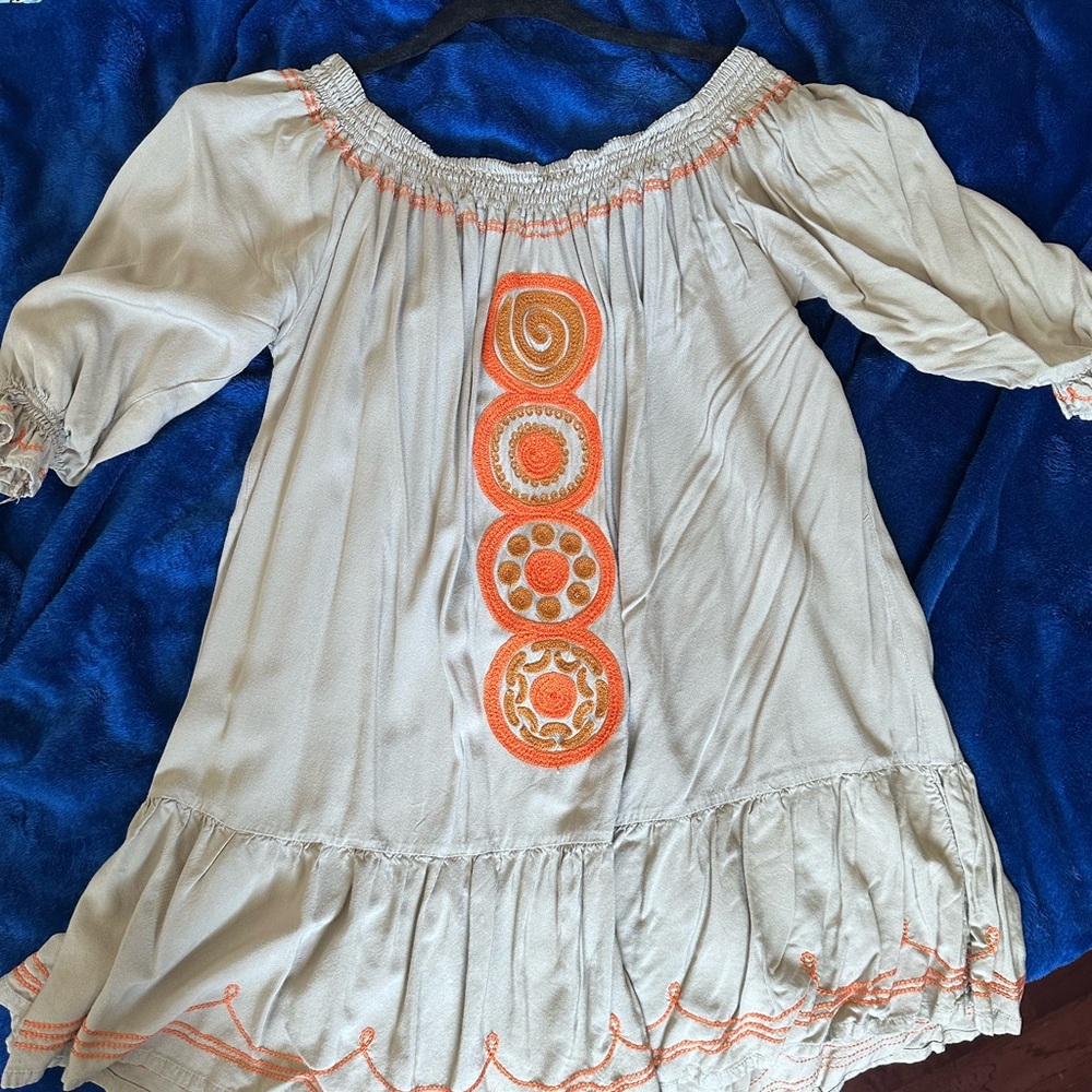 Boho Embroidered Peasant Dress - Taupe with Orange Accents - Picture 3 of 3
